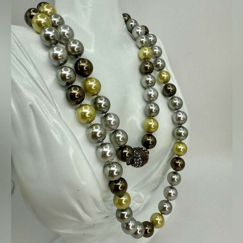 Heidi Daus Faux Pearl Necklace 36” — Multi-Tone Double Strand w Pave Screw Clasp - Picture 15 of 17